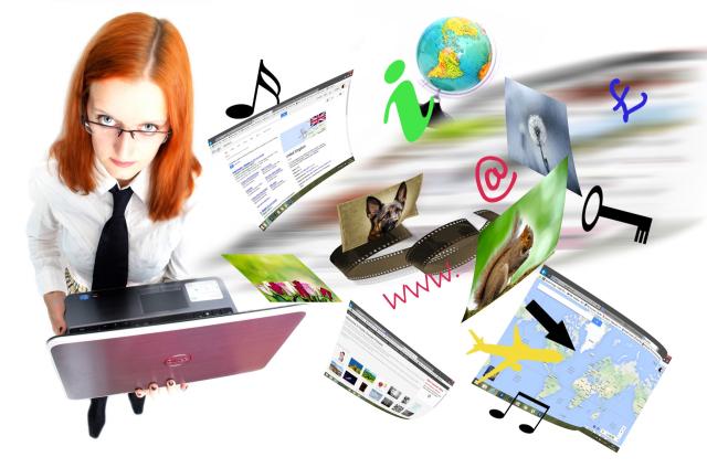 image of woman holding laptop with multimedia images coming out of it