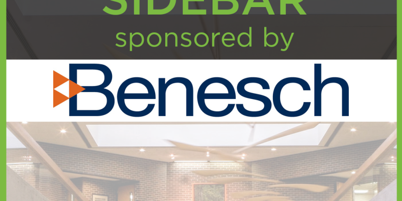 Benesch logo and photo of law atrium