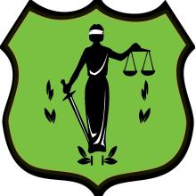 graphic of Justitia on green badge backgroun 
