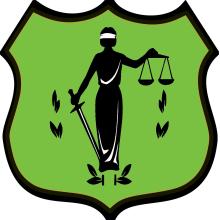 graphic of Justitia on green badge backgroun